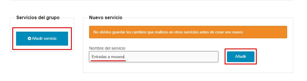 Añadir servicio al grupo de ocio