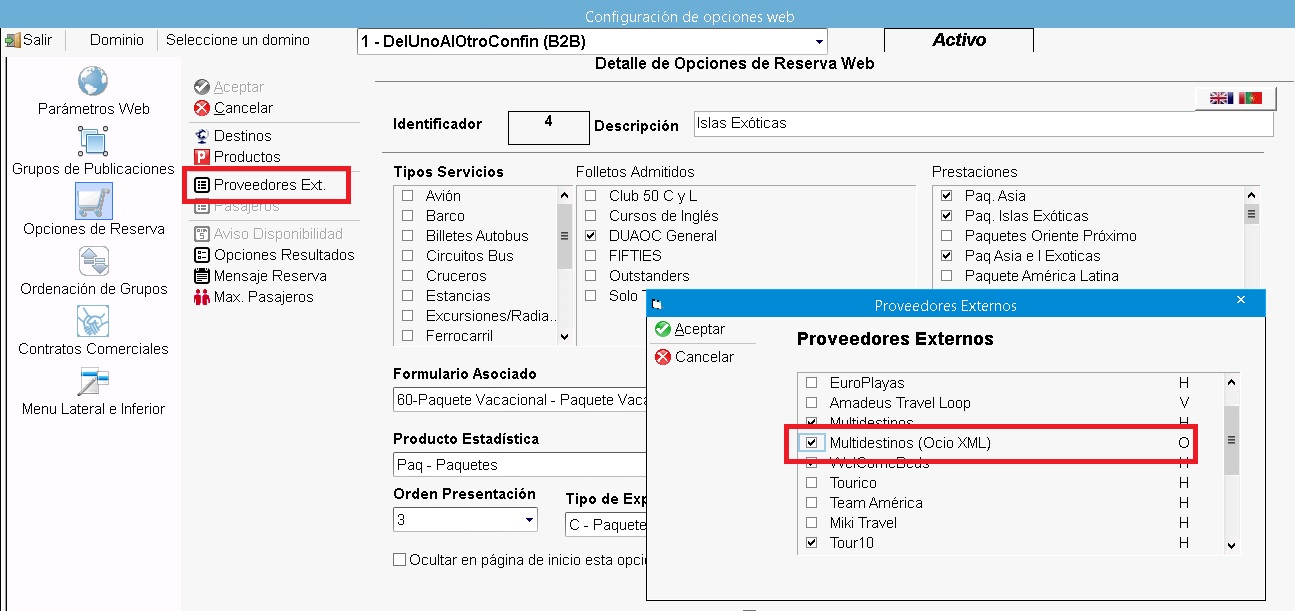 Proveedor externo de ocio xml en la opción de reserva